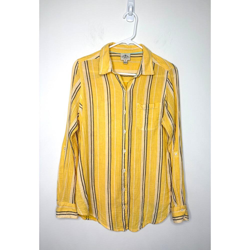 St. John's Bay Striped Button Down Shirt M Yellow 100% Cotton Gauzy Beach boho